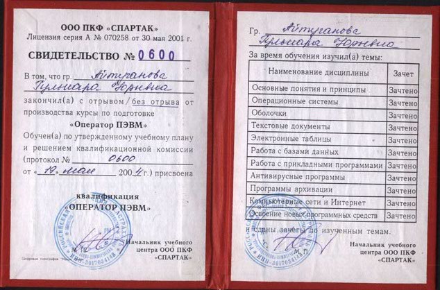 Диплом, свидетельство - "Оператор ПЭВМ" - образец 2004 года. Купить диплом Пользователь ПЭВМ
