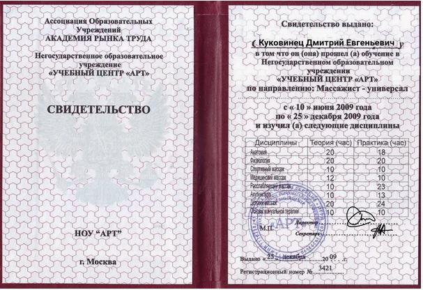 свидетельство массажиста универсала об окончании курсов